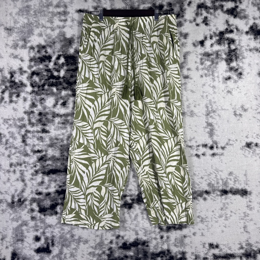 Tahari Pants Womens‎ Size Extra Large Green Floral Linen Woven Wide Leg Hippie
